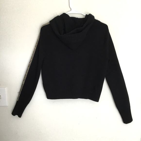 Zara Knit Black Cropped Hoodie Sweatshirt Rhinestone Embellished Sleeves Sz M - Picture 4 of 7